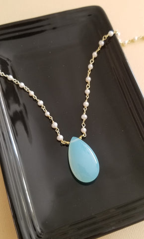 Pearl Beaded Chain Necklace, Aqua Chalcedony Necklace