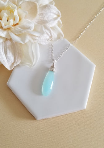 Aqua Chalcedony Necklace, Large Stone Pendant Necklace, Healing Gemstone Jewelry, Aqua Chalcedony Crystal Necklace, Long Stone Necklace