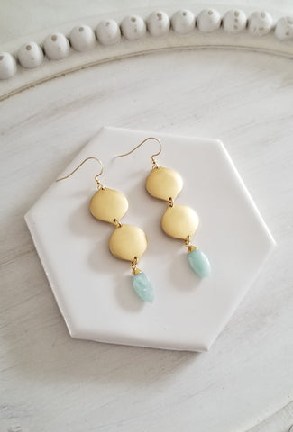 Long Gold Teardrop Aquamarine Earrings, Statement Earrings