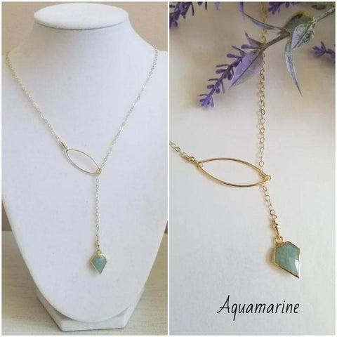 Aquamarine Lariat Necklace, Gold Gemstone Y Necklace