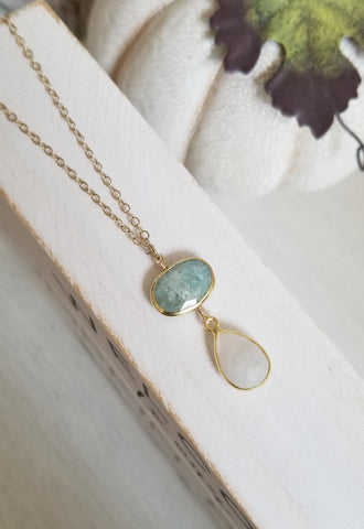 Aquamarine and Moonstone Necklace, Gold Aquamarine Pendant, Dainty Gold Chain, March Birthstone, Gift for Her, Gold Filled Moonstone Teardrop Pendant