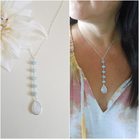 Aquamarine and Moonstone Long Pendant Necklace, Center Y Drop Necklace