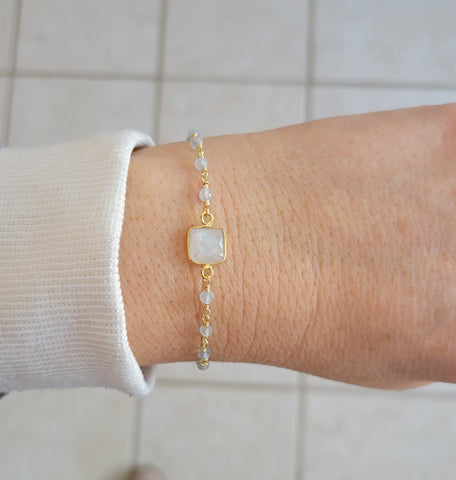 Dainty Gemstone Bracelet, Aquamarine and Moonstone Bracelet, Rosary Chain Bracelet