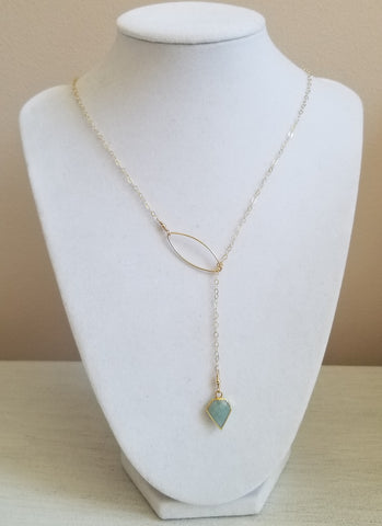 Aquamarine Lariat Necklace, Gold Gemstone Y Necklace