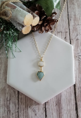 Aquamarine and Moonstone Necklace, Thin Gold Filled Chain Necklace