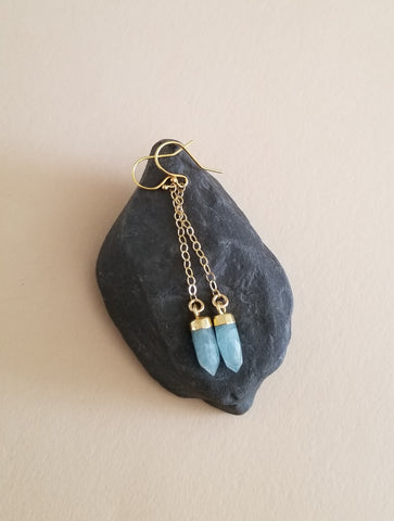 Gold Aquamarine Earrings, Long Gold Chain Earrings Handmade in the USA
