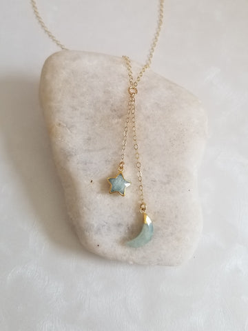 Aquamarine Moon and Star Y Necklace-Gold Filled Center Drop Necklace