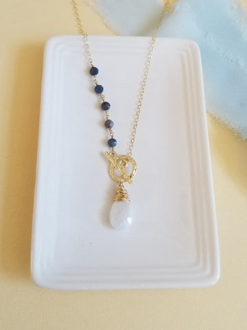 Natural Sapphire and Moonstone Necklace, Front Toggle Necklace, Boho Statement Necklace
