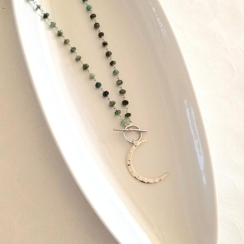 Moon Necklace, Emerald Necklace, Beaded Gemstone Chain Necklace, Rosary Chain