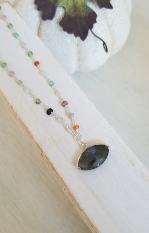 Boho Multi Stone Beaded Chain Necklace with Labradorite Evil Eye Pendant