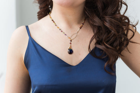 Multi Gemstone Lariat Style Necklace, Raw Labradorite Teardrop Pendant