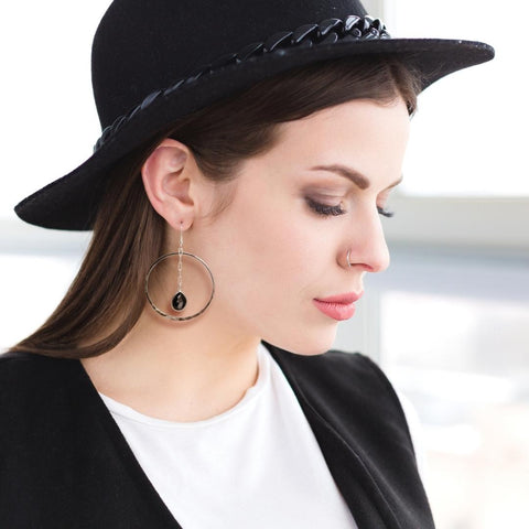 Black Onyx Earrings, Silver Hoop Earrings for Women, Earrings with Teardrop Gemstone, Boho Hoops, Statement Earrings, Earrings that Dangle