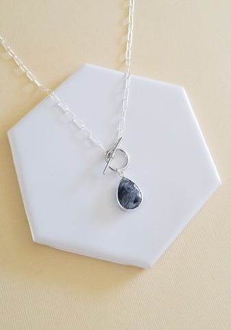 Black Rutilated Crystal Quartz Pendant Necklace, Modern Front Toggle Necklace, Sterling Silver Paper Clip Chain 