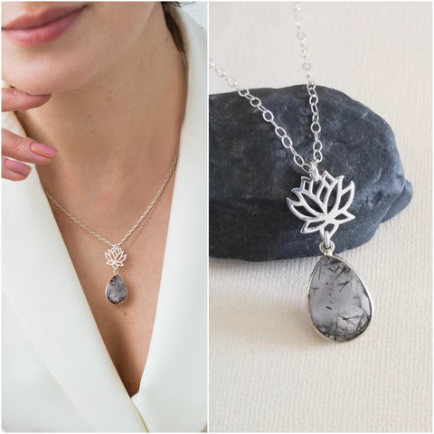 Sterling Silver Lotus Flower with Black Rutilated Quartz