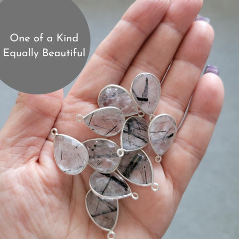 Black Rutilated Quartz Teardrop Necklace, Sterling Silver Paper Clip Chain with Toggle Clasp