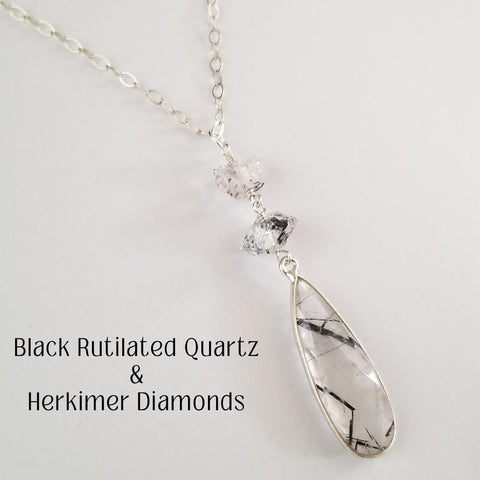 Black Rutilated Quartz Necklace, Herkimer Diamond Pendant, Long Teardrop Stone Necklace, Raw Crystal Necklaces for Women, Gift for Her