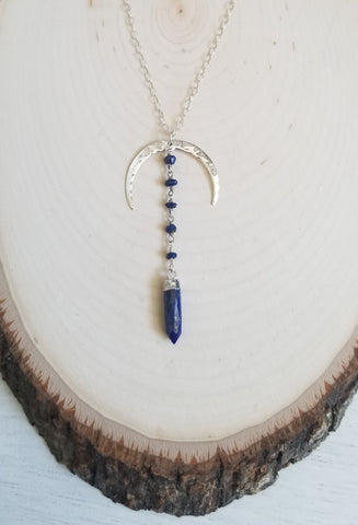 Sterling Silver Lapis Lazuli Moon Necklace, Boho Necklace