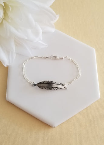 Feather Bracelet, Silver Paperclip Chain Bracelet, Boho Feather Bracelet, Oxidized Bracelet, Rustic Jewelry, Casual Everyday Bracelet