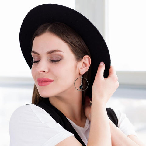 Bohemian Style Hoop Earrings with Black Onyx Gemstones, Silver Hoops, Boho Hoop Earrings for Women