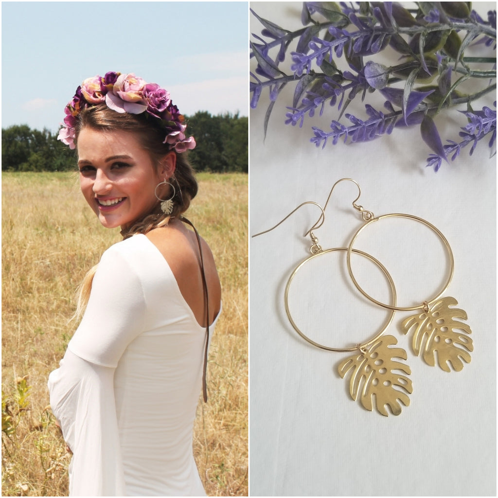 Boho Wedding Jewelry, Bohemian Bridesmaid Earrings, Gold Leaf Hoops