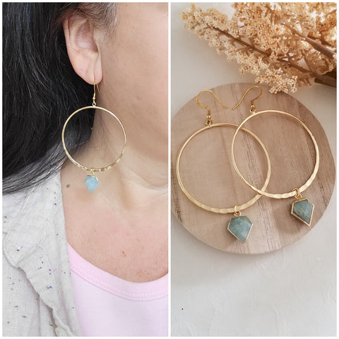 Raw Aquamarine Earrings, Gold Hoop Earrings, Gemstone Dangle Earrings, Handmade Bohemian Jewelry