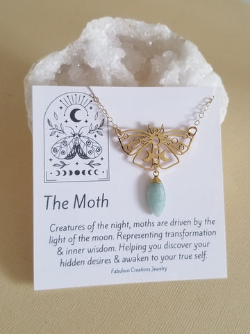 Gold Moth Necklace, Luna Moth Pendant, Raw Aquamarine Necklace for Women, Talisman Jewelry, Moth Moon Necklace, Transformation Jewelry