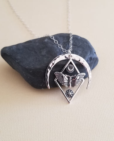 Moth Pendant Necklace, Crescent Moon Necklace, Talisman Jewelry for women