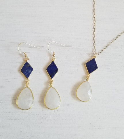 Blue Lapis Lazuli and Moonstone Statement Earrings