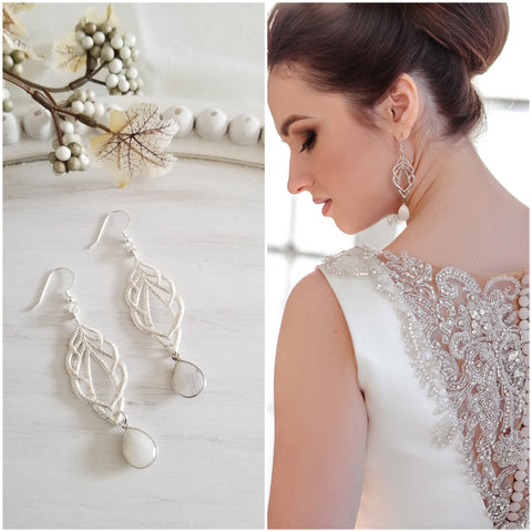 Bride Earrings, Long Moonstone Earrings, Crystal Dangle Earrings for Bride