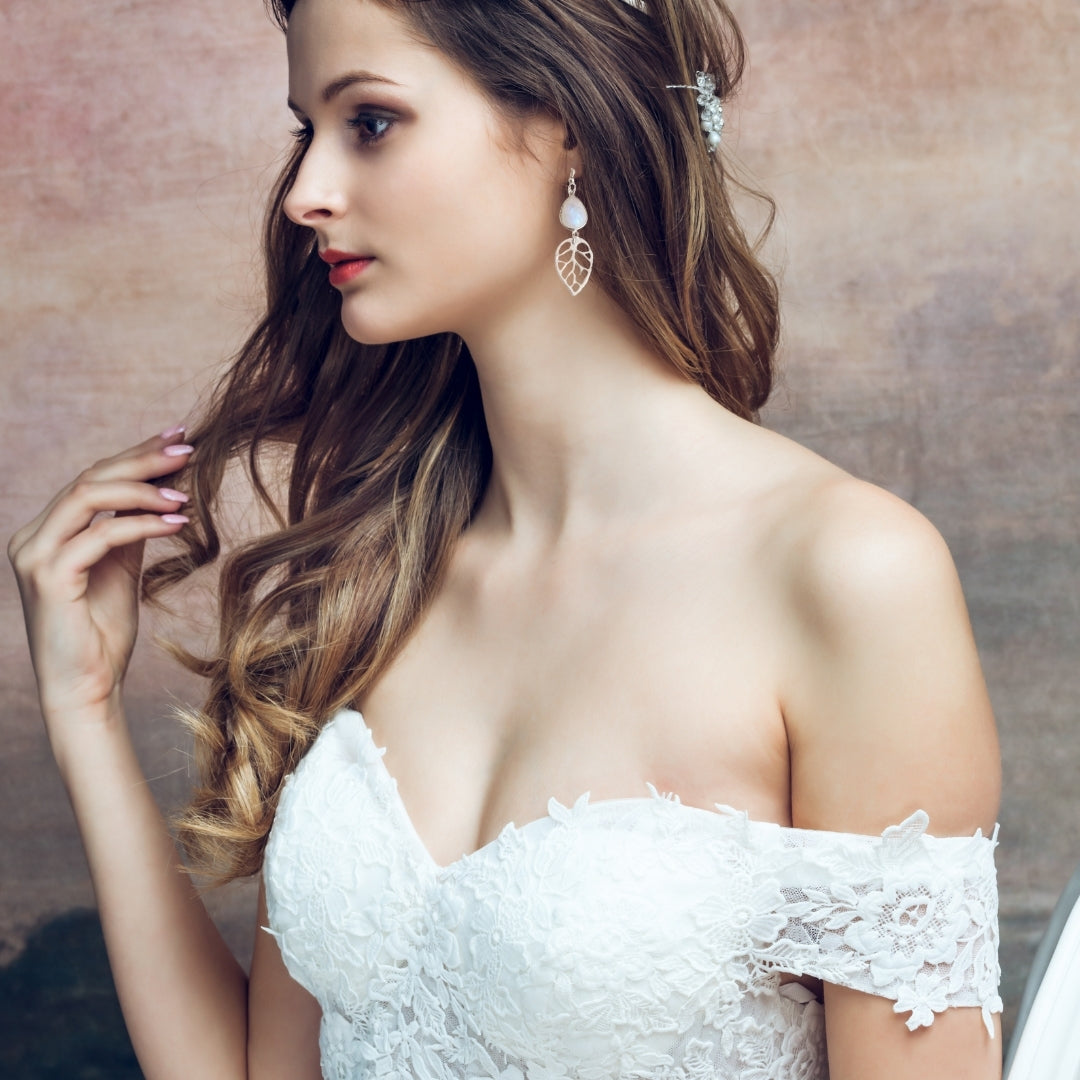 earrings for off shoulder wedding dress Bridal Jewelry Guide: What to Wear with your Wedding Dress - Pretty Happy Love - Wedding Blog