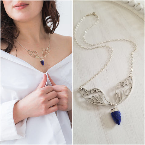 Silver Butterfly Wings Necklace with Lapis Lazuli