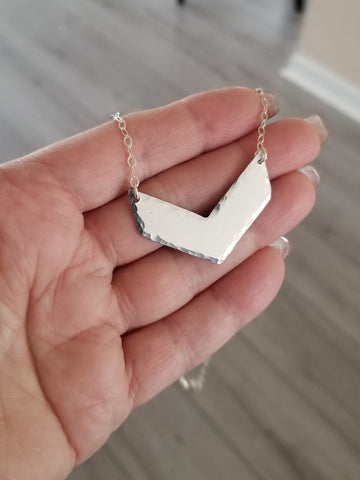 Modern Silver V Necklace, Hammered Chevron Necklace