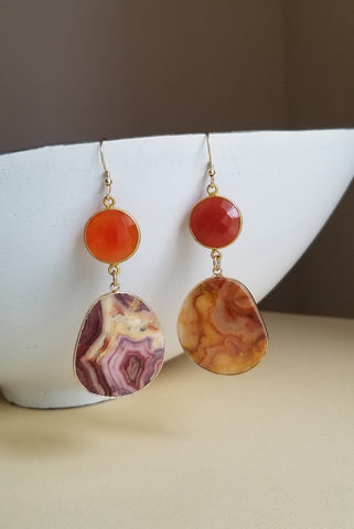 Orange Carnelian and Crazy Lace Agate Statement Earrings, Bold Dangle Earrings