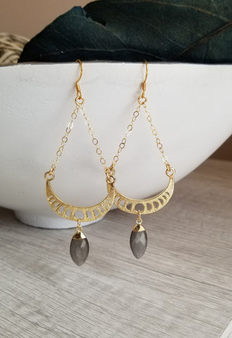 Crescent Moon Earrings with Gemstone, Bohemian Statement Earrings