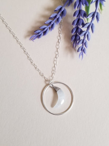 Moonstone Crescent Moon Necklace, Half Moon Pendant Sterling Silver