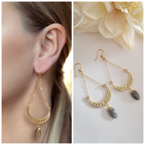 Crescent Moon Earrings with Gemstone, Bohemian Statement Earrings