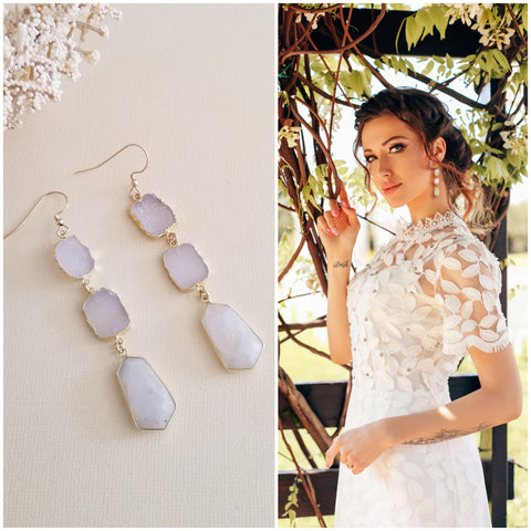Moonstone Earrings, Crystal Druzy Earrings, Long Gemstone Earrings, Statement Earrings, Bridal Jewelry, Moonstone and Druzy Dangles