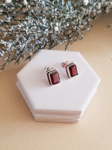Natural Garnet Earrings, Red Garnet Studs, January Birthstone, Gift Idea for Her