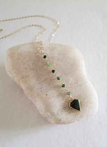 Emerald Necklace, Emerald Pendant Necklace, Long Center Drop Necklace, May Birthstone, Gold Emerald Y Necklace, Boho Beaded Necklace