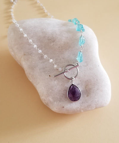 Apatite and Amethyst Necklace, Front Toggle Necklace, Handmade Modern Jewelry