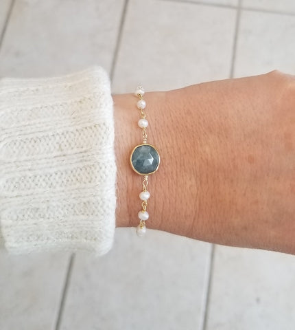 Aquamarine and Pearl Bracelet, Gift for Her, Handmade Jewelry in the USA