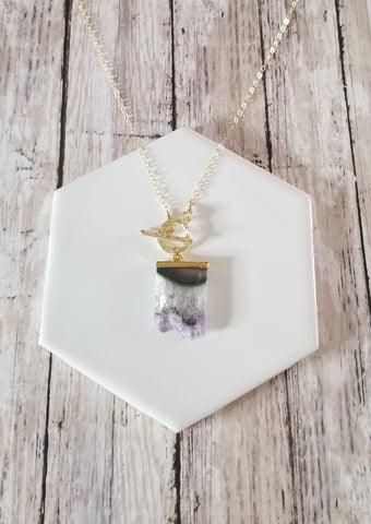 Raw Amethyst Crystal Slice Necklace, Gold Front Toggle Necklace