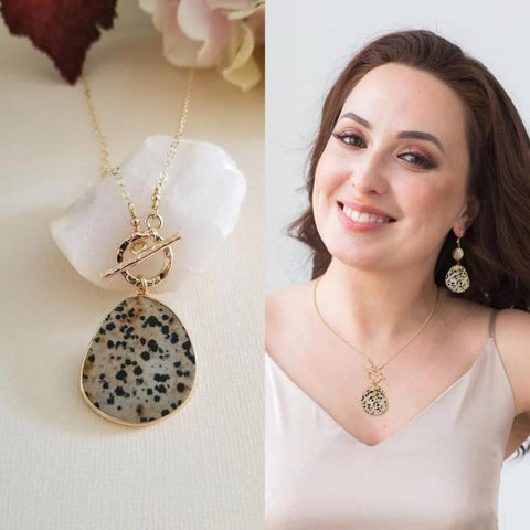 Dalmation Jasper Necklace, Gold Toggle Necklace, Dalmation Jasper Pendant, Jasper Jewelry, Gemstone Necklace, Toggle Bar Necklace