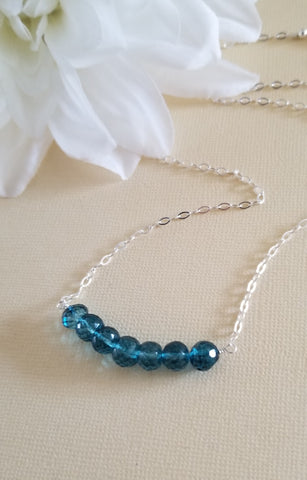 London Blue Topaz Necklace, Dainty Gemstone Bar Necklace