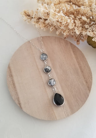 Long Gemstone Pendant Necklace, Black and Dendritic Opal Necklace, Boho Y Necklace