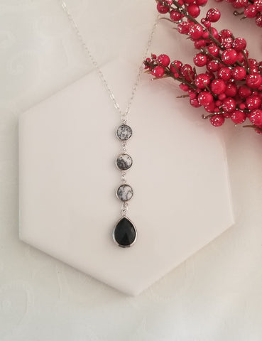 Long Black Onyx Center Drop Necklace, Sterling Silver Boho Necklace, Christmas Gift for Her