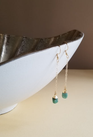 Raw Emerald Earrings, Delicate Gold or Silver Earrings