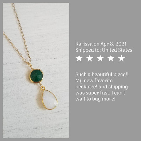 Emerald and Moonstone Pendant Necklace, Dainty Gold Chain Necklace