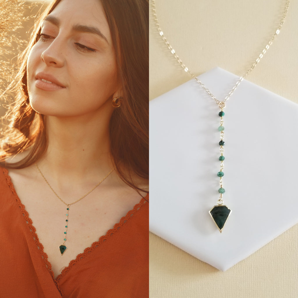Emerald Y Necklace for Women, Long Center Drop Necklace, Boho Beaded Necklace