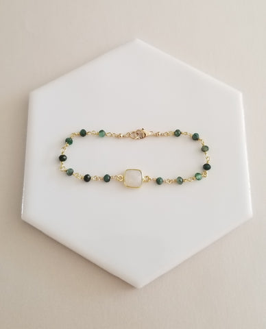 Emerald and Moonstone Bracelet, Dainty Beaded Gemstone Bracelet